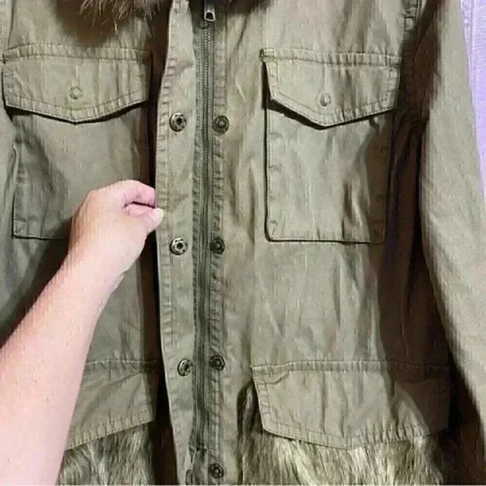Anthropologie Saskia Faux Fur Military Green Belted Utility Jacket M - Picture 7 of 9